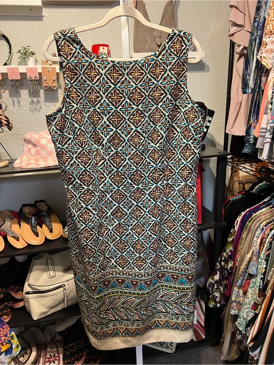 Sag Harbor Dresses & Skirts - Sag Harbor Geometric Tile-Print Shift Dress in Teal and Brown